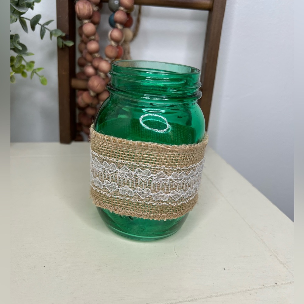 Brand New- Green Mason Jar Vase with Burlap Ribbon
